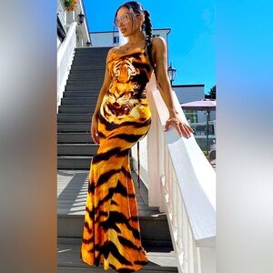 Tiger Print Strappy Maxi Sundress